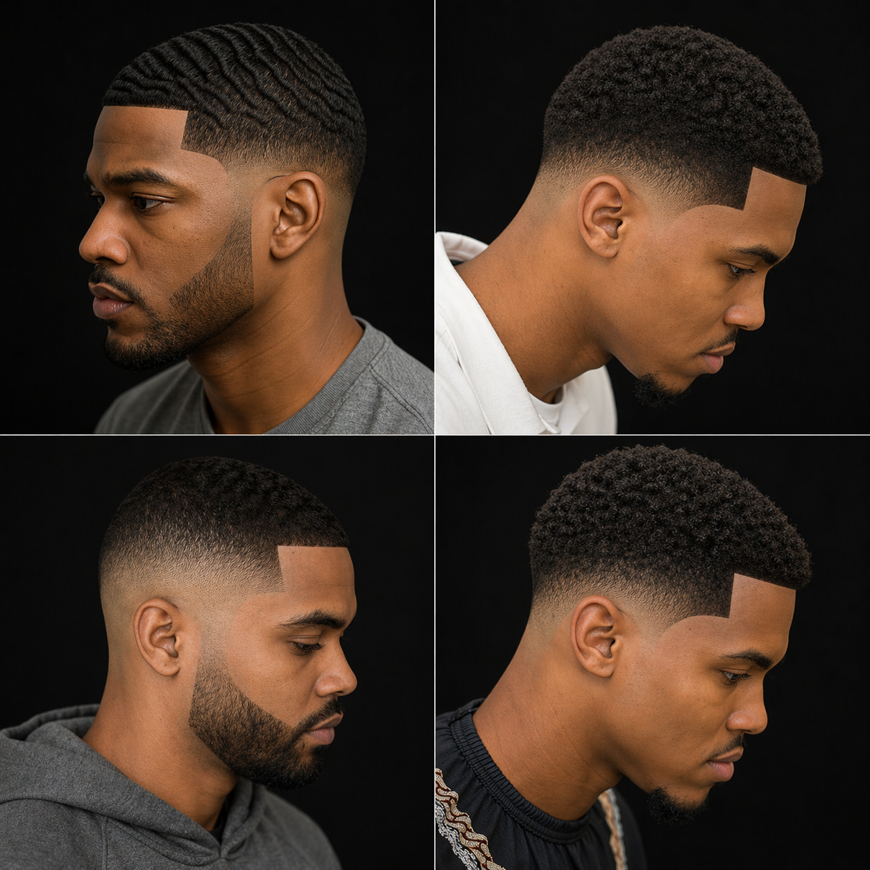 Mid fade with curly textured top, side view of the blend